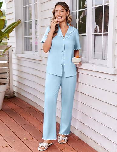Ekouaer Womens Pajama Sets Short Sleeve Printed PJs Button Down Sleepwear - color: Light Blue, size: XX-Large