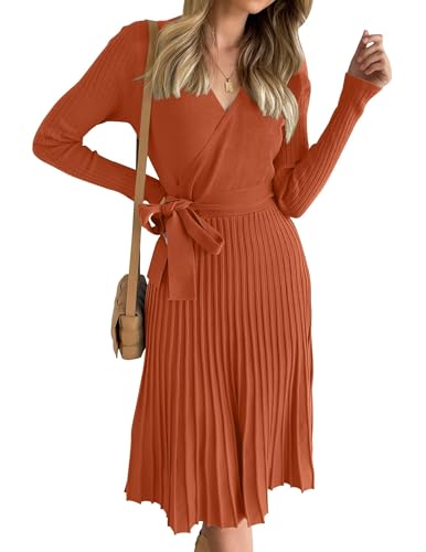 ZESICA Women's Long Sleeve Wrap Sweater Midi Dress with Belt - color: Maple, size: Medium