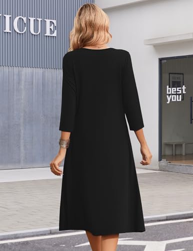 Zeagoo Summer Dresses for Women 2026 3/4 Sleeve Casual Midi Tshirt Dresses - color: 01 Solid Black, size: Medium