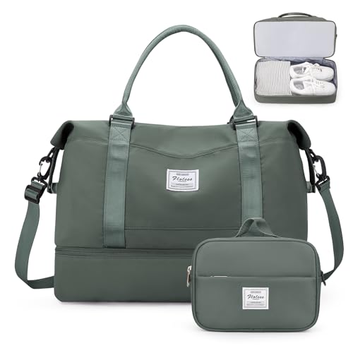 Weekender Bags for Women, Personal Item Travel Bag with Shoes Compartment - color: Olive Green, size: Medium