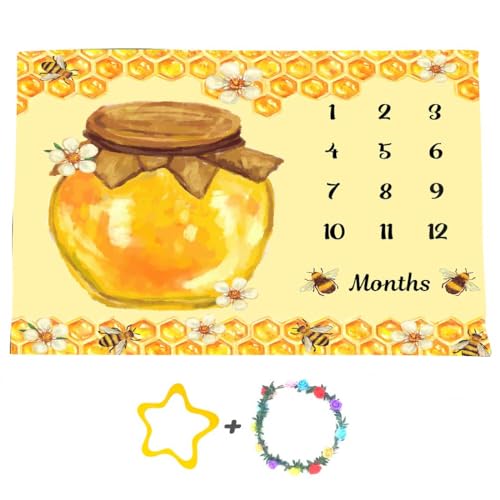 Bees Theme Baby Monthly Milestone Blanket, 60x40in Soft Flannel, Honey Jar Backgrounds, Newborn Mom Gifts, Baby Shower Age Growth Tracker with Bonus Maker - size: 60x40in