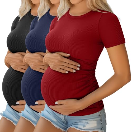 Ficerd 3 Pack Women's Short Sleeve Maternity Shirts - color: Black, Navy Blue, Burgundy, size: X-Large