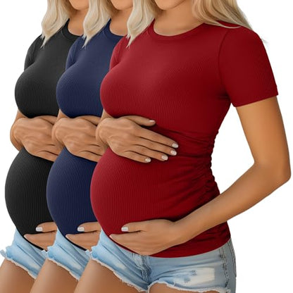 Ficerd 3 Pack Women's Short Sleeve Maternity Shirts - color: Black, Navy Blue, Burgundy, size: Large