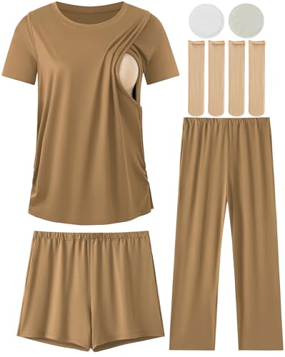 DANSHOW Women Nursing Pajamas Set Breastfeeding Loungewear - color: Brown, size: Medium