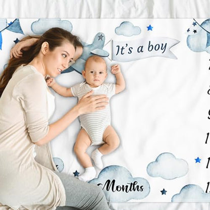 Vintage Retro Propeller Plane It's a Boy Baby Monthly Milestone Blanket