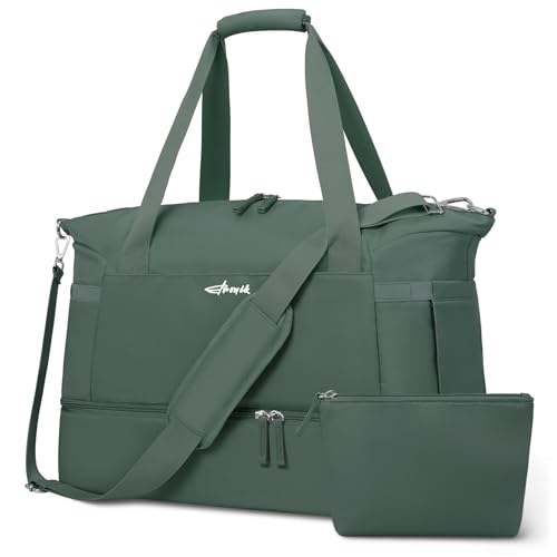 Gym Bag for Women, 45L Carry On Travel Duffel Bag with Shoes Compartment - color: Dark Green, size: Large