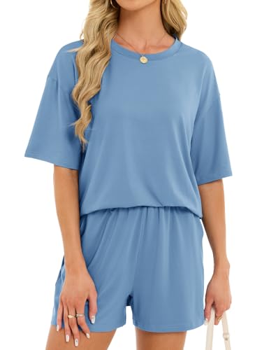 Women's 2 Piece Short Sets Loose Lounge Sets Oversized Summer Matching Sets - color: Blue, size: XX-Large