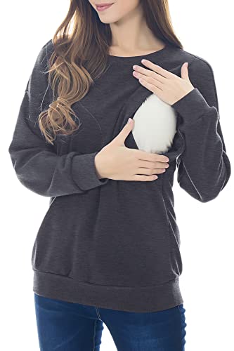 Smallshow Fleece Maternity Nursing Sweatshirt Long Sleeve Breastfeeding Tops - color: Deep Grey, size: Medium