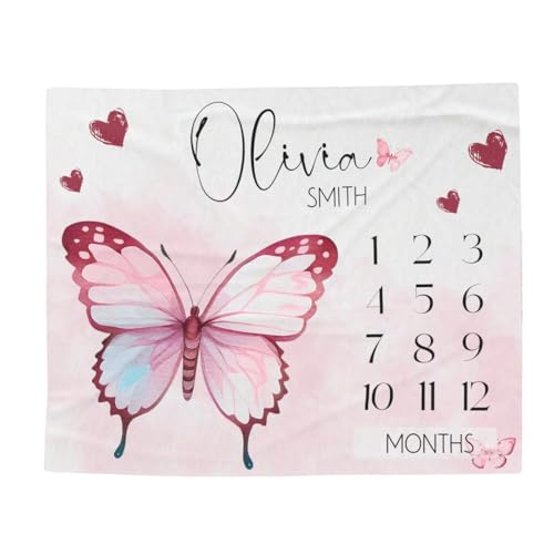 Pesonalized Baby Girl Milestone Blankets, Butterfly Personalized Infant Throw, Custom Blanket New Infant Gift, Monthly Growth Tracker, Photo Prop - color: Butterfly