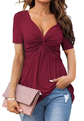 Tankaneo Womens Front Knotted V-Neck Blouse T Shirt Short Sleeve Oversized Tunic Tops Summer Solid Pullover Tees - color: B02-wine Red, size: X-Large