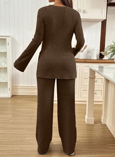 BLENCOT Maternity 2 Piece Outfits Ribbed Knit Long Sleeve Sets - color: Coffee, size: Small