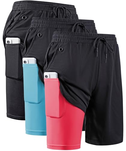 JWJ Men's 2 in 1 Workout Running Shorts 7 Inch Lightweight Athletic Gym Shorts with Compression Liner - color: 3 Pack Black / Fluorescent Blue / Fluorescent Pink, size: Large