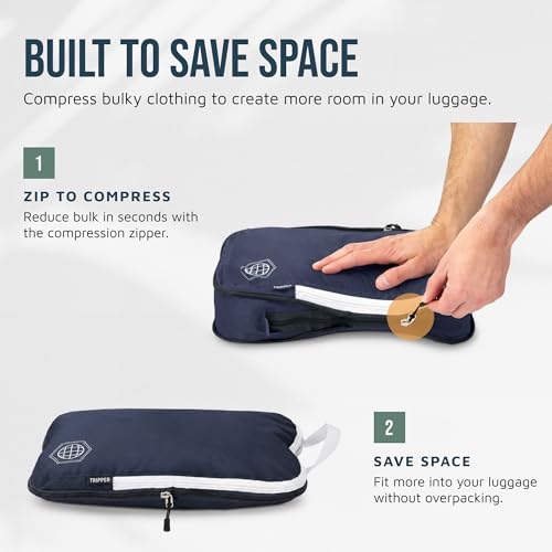 TRIPPED Travel Gear Large Compression Packing Cubes 7-Piece Set for Travel - color: Navy/White