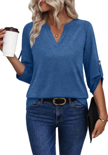 XIEERDUO 3/4 Length Sleeve Womens Tops V Neck T Shirts Both Side Buttons Blouses Business Casual Outfits Loose Fit - color: Blue, size: XX-Large