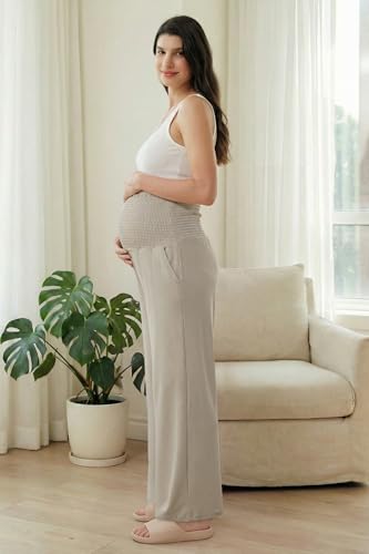 OUGES Womens Lyocell Cotton Maternity Pants Over Belly Smocked Waist Stretchy Casual Wide Leg Palazzo Pants with Pockets - color: Khaki, size: Small