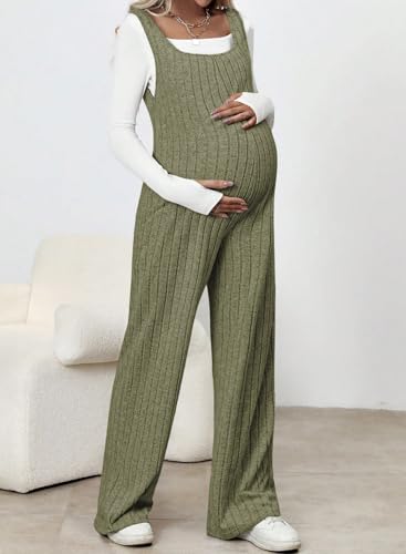 BLENCOT Maternity Jumpsuit Sleeveless Square Neck Wide Leg Pants Romper - color: Army Green, size: Medium