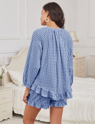 COZYPOIN Womens Gingham Pajama Set 2 Piece 100% Cotton Ruffle Lounge Set - color: Navy, size: Medium