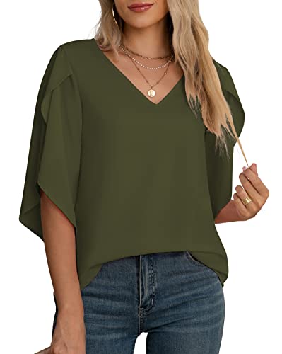 Jouica Women's 3/4 Ruffled Sleeve Blouses Summer Chiffon Casual Loose Tops - color: 01amy Green, size: Medium