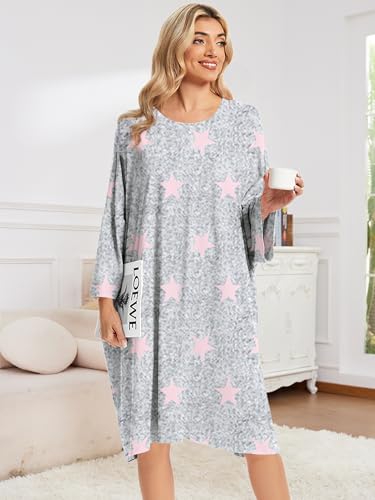 CRIPOM Plus Size Moo Moos for Women Oversized Sleep Shirts with Pockets - color: Grey Pink Star