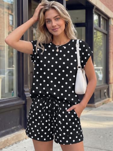 AUTOMET Womens 2 Piece Summer Matching Lounge Short Sets with Pockets - color: Black Polka Dot, size: Small