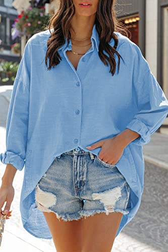 FSHAOES Womens Oversized Button Down Shirts Casual Loose Long Sleeve Solid Lapel Long Blouses Tops with Pockets - color: 03-sky Blue, size: Large
