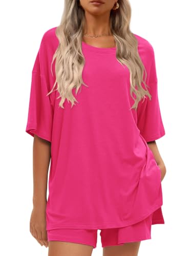 Women's 2 Piece Short Sets Loose Lounge Sets Summer Matching Sets - color: Pink, size: X-Large