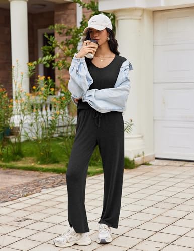 Ekouaer Fall Pajamas for Women Set Long Sleeve V Neck 2 Piece Lounge Sets - color: Black, size: Large