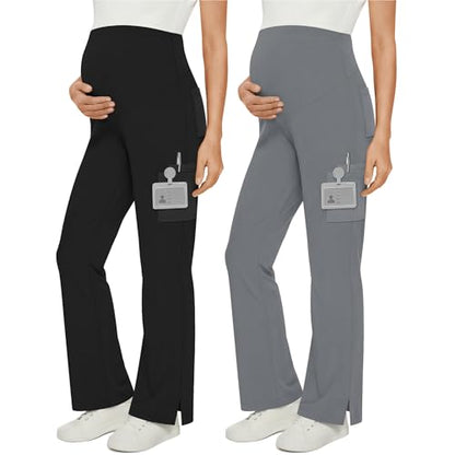 2 Pack Women's Maternity Wide Leg Cargo Scrub Pants - color: Black, Cool Light Gray, size: XX-Large