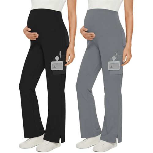 2 Pack Women's Maternity Wide Leg Cargo Scrub Pants - color: Black, Cool Light Gray, size: Large