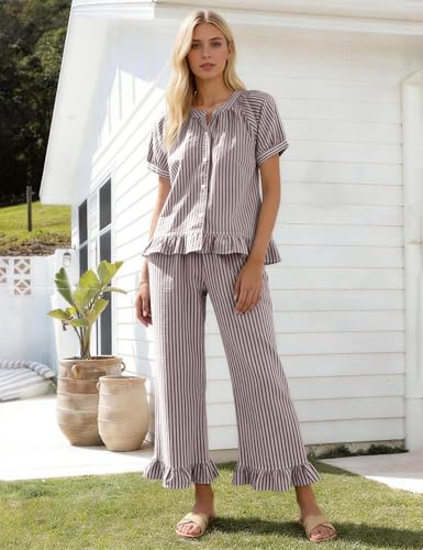 Flygo Womens Striped Pajama Sets Cotton 2 Piece Ruffle Lounge Pjs - color: Coffee, size: Medium