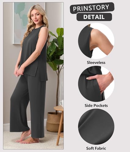 PrinStory Womens Pajamas Sets Sleeveless Pjs Set S-4XL - color: Dark Gray, size: Medium