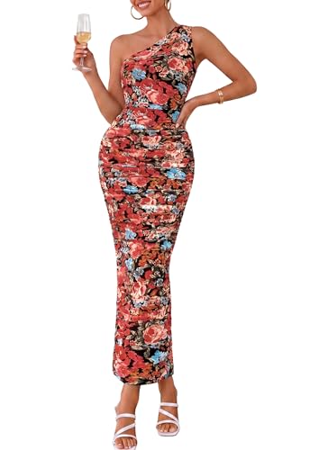 PRETTYGARDEN One Shoulder Maxi Dress Ruched Printed - color: Black Flower, size: Large