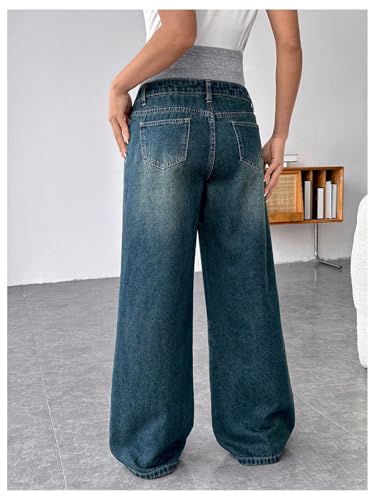 MakeMeChic Women's Maternity Jeans Wide Leg Over The Belly Denim Pant - color: Blue, size: Large