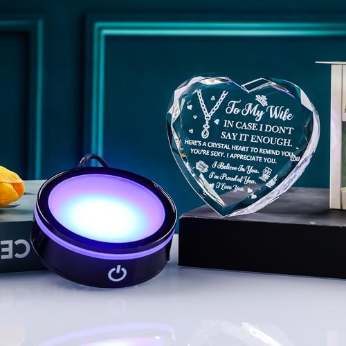 3D Laser Engraved K9 Crystal Heart with LED Base Romantic Gift for Wife - color: Wife Gift