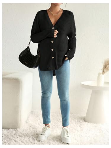 MakeMeChic Women's Maternity Shirts Knit Button Down Nursing Top - color: Black, size: Medium