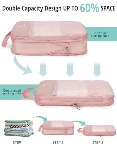 6/8 Set Space Saving Compression Packing Cubes Lightweight Packing Cube - color: Pink, size: 8 Pcs(XL,L*2,M*2,S,laundry bag,shoes bag)