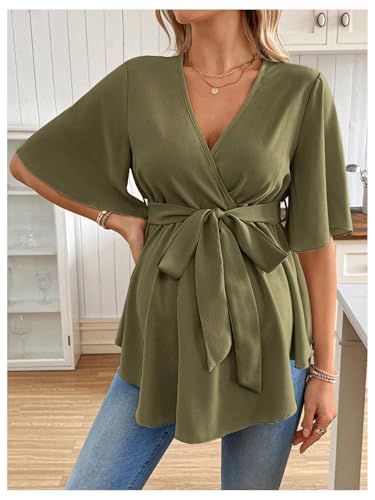 MakeMeChic Women's Maternity Nursing Blouse Wrap Belted Pregnancy Shirt - color: Dark Green, size: Small