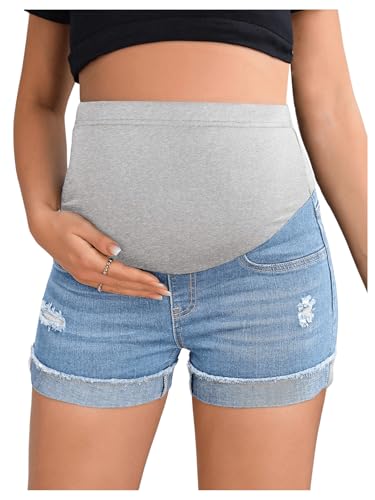 BEAUDRM Women's Maternity Adjustable High Waist Denim Mini Shorts - color: Light Wash a, size: Small