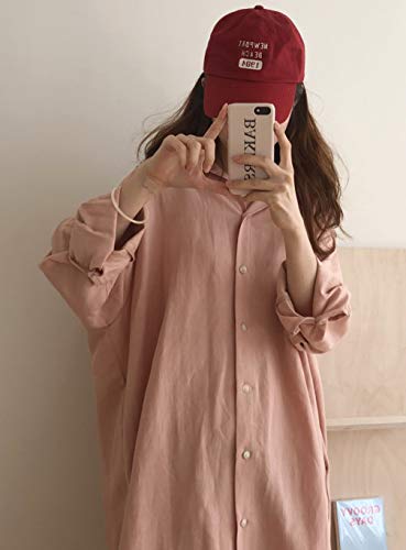 GGUHHU Womens Chic Button Down Rolled-Up Sleeve Long Cotton Blouse Maxi Dress - color: Light Pink, size: Medium