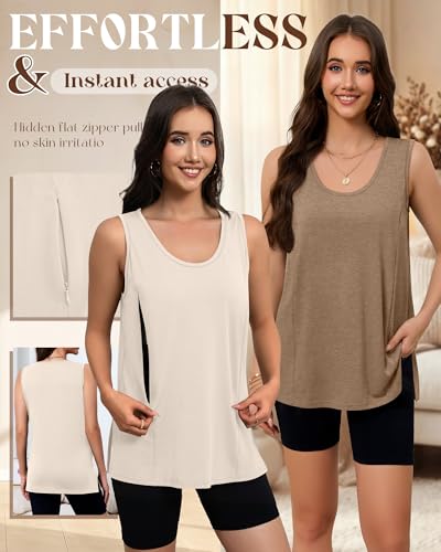 Ficerd 3 Pack Women's Oversized Nursing Tank Tops with Zipper - color: Cream, Camel, Brown, size: Small