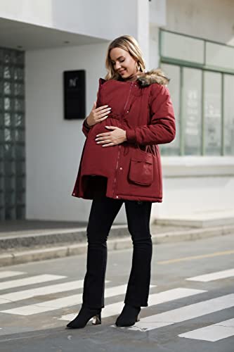 Maacie Maternity Winter Coat Baby Wearing Jacket 3 In 1 Outerwear - color: Wine Red, size: Medium