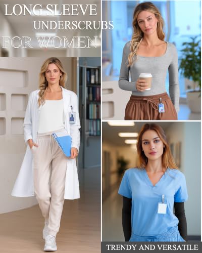 Xaatren 4 Pack Women's Underscrub Shirts Long Sleeve Tops - color: Black, Light Gray, White, Khaki, size: Medium