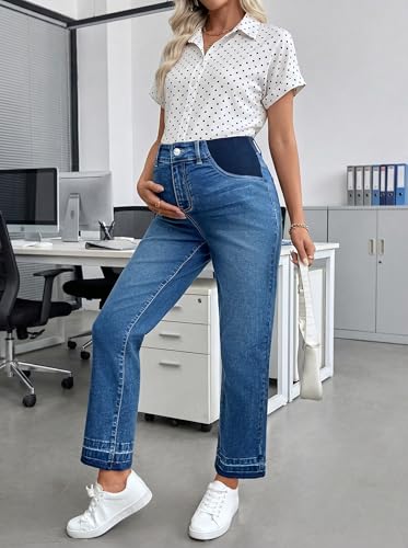 BLENCOT Women Maternity Pants High Waisted Straight Leg Ankle Jeans - color: Ashleigh Blue, size: Medium