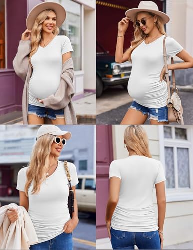Ekouaer Maternity Shirts 4 Pack V Neck Pregnancy Clothes Summer Tops Tshirt - color: Black/Brown/Grey/White, size: Medium