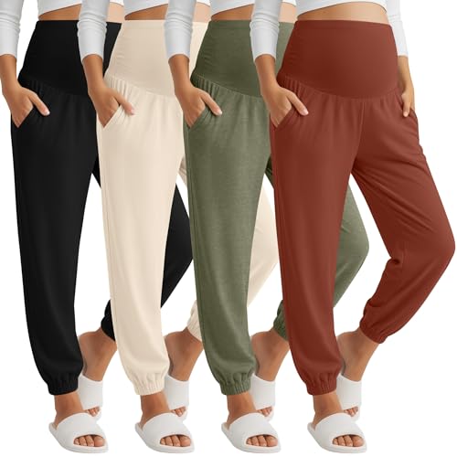 4 Pack Women's Maternity Jogger Pants - color: Caramel, Grass Green, Apricot, Black, size: Small