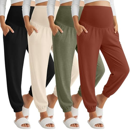 4 Pack Women's Maternity Jogger Pants - color: Caramel, Grass Green, Apricot, Black, size: Large