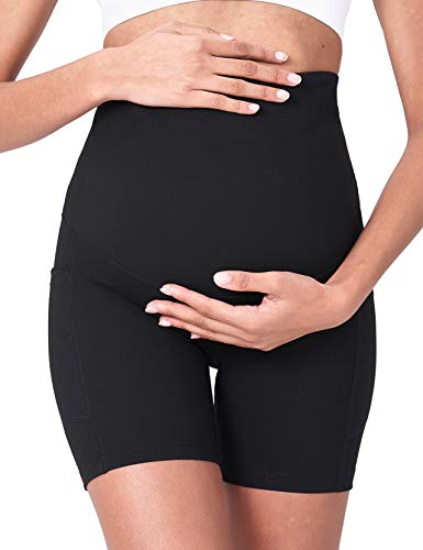 POSHDIVAH Maternity Biker Shorts Over the Belly with Pockets 5"/8" - color: Black, size: Medium