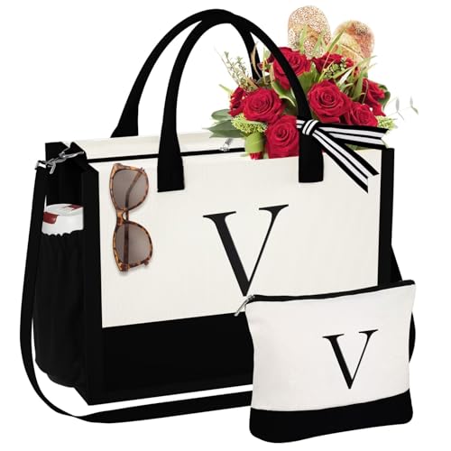 YOOLIFE Personalized Gifts for Women Initial Canvas Tote Bag Makeup Bag - color: V
