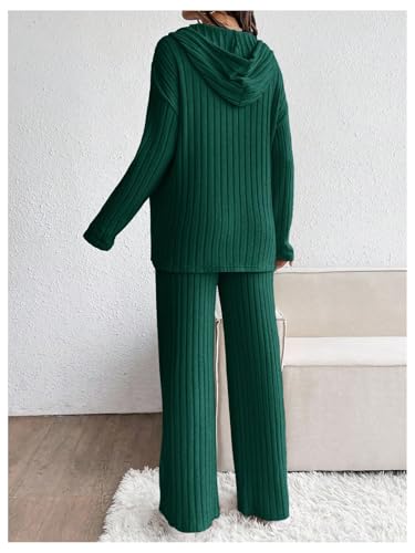 MakeMeChic Women's Maternity 2 Piece Sets Ribbed Knit Hoodie Pants Outfits - color: Dark Green Solid, size: Medium