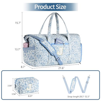 Personalized Quilted Duffle Bag for Travel Gym Weekender Hospital Carry On - color: Blue Flower, size: J